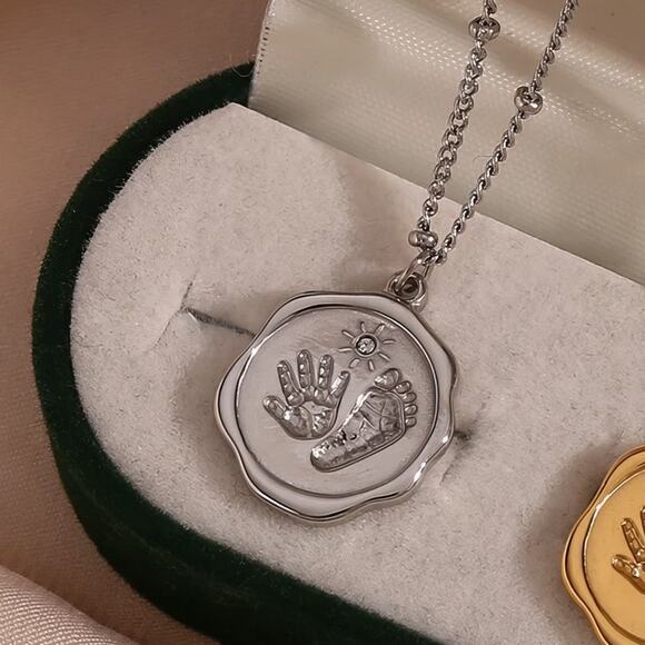Silver Baby Hand Foot Print Zircon Pendant Necklace 18K Stainless Steel - Picture 5 of 7